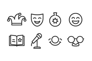 Comedy Icons Ensemble. Outline icon set of comedy and humor: jester hat, comedy mask, whoopee cushion, laughing emoji, joke book,
