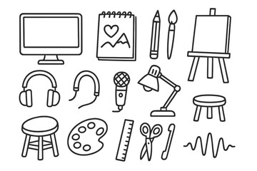 Creative Studio Icons. Hand-drawn doodle illustration creative studio workspace computer monitor, sketchbook, pencil, paintbrush,