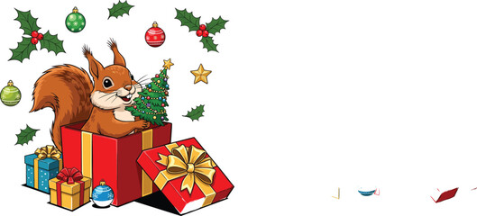 Joyful Squirrel in Holiday Gift Box with Mini Tree.