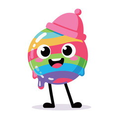 Cute colorful lollipop character with a happy face and a pink hat. Funny smiling sweet candy mascot melting.