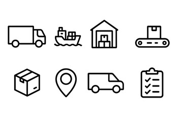 Supply Chain Icons. Outline icon set of supply chain: truck, cargo ship, warehouse, conveyor belt, package, GPS tracker, delivery