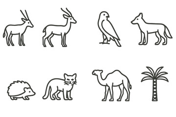 Saudi Wildlife Icons. Outline icon set of Saudi wildlife: Arabian oryx, Sand gazelle, Desert hedgehog, Falcon, Arabian wolf, Sand