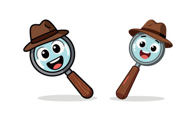 Two cute magnifying glass characters with happy faces and brown hats. Funny smiling tool mascots for searching.
