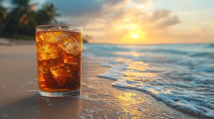 Iced drink on beach at sunset