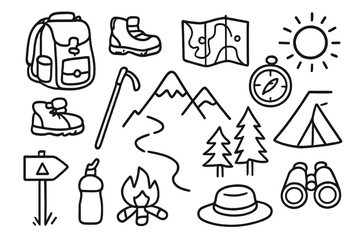 Fototapeta premium Hiking Adventure Icons. Hand-drawn doodle illustration hiking path trail, backpack, boots, walking stick, map, compass, tent,