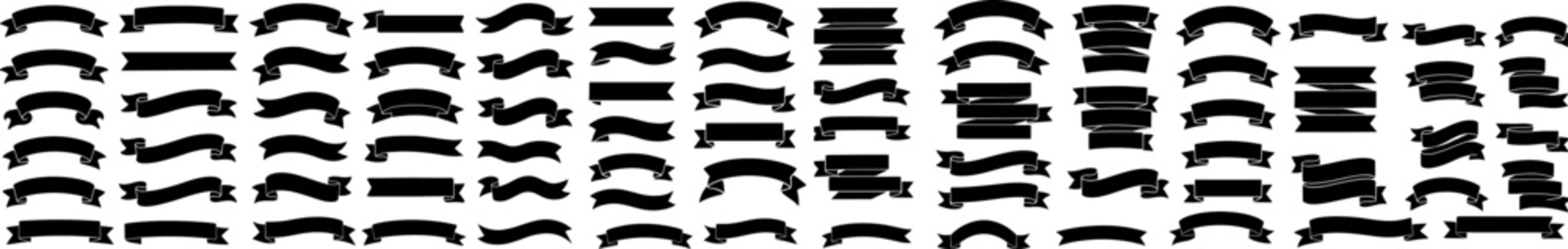 High-contrast vector pack of blank vintage ribbon banners and scrolls, ideal for logos, badges, labels, typography, and retro design. Black ribbon banners set.