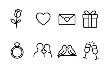 Romantic Icon Set. Outline icon set of romantic gestures: rose, heart, love message, gift box, engagement ring, couple silhouette,