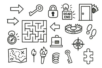 Maze Doodle Icons. Hand-drawn doodle illustration trap maze maze, arrows, dead end, key, lock, door, trapdoor, alarm, timer,