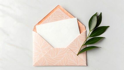 a peach envelope with white card and green leaves beside