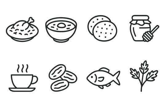 Yemeni Icons Collection. Outline icon set of Yemeni cuisine: Mandi rice, Saltah stew, Flatbread (Lahoh), Honey, Coffee cup, Dates,