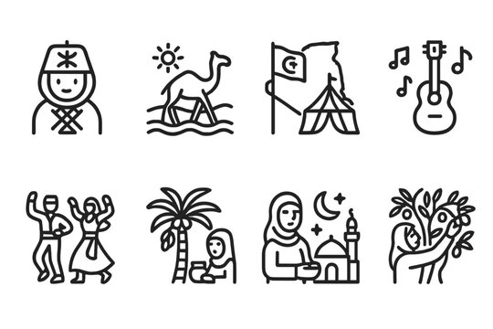 Algerian Festival Icons. Outline icon set of Algerian festivals: Yennayer (Berber New Year), Sahara Festival, National Day, Music