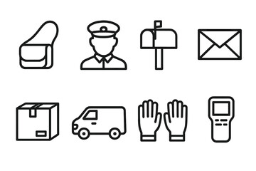 Postal Service Icons. Outline icon set of postal worker: mailbag, uniform cap, mailbox, envelope, parcel, delivery van, sorting