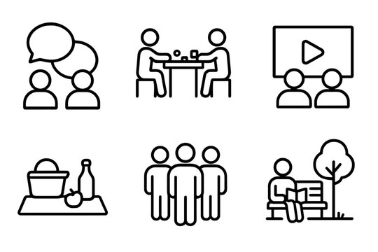 Social Day Icons. Outline icon set of social rest day: chatting, board games, coffee meetup, movie watching, picnic, family