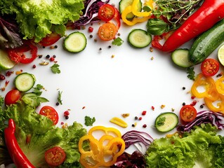 Colorful vegetable arrangement.  Fresh sliced vegetables arranged in a frame around a white center.  Lettuce, cucumber, tomatoes, bell peppers, red onion, herbs, and spices.  High-angle, studio shot