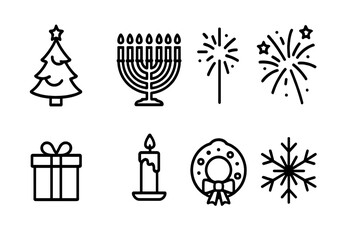 Holiday Festival Icons. Outline icon set of holiday festivals: Christmas tree, menorah, pumpkin, fireworks, gift box, candle,