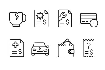 Unexpected Expenses Icons. Outline icon set of unexpected expenses: broken item, emergency bill, repair receipt, urgent payment,
