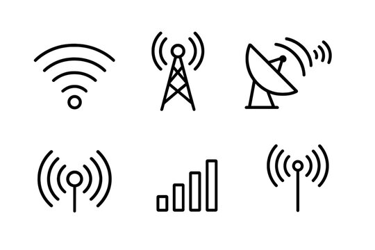 Wireless Signal Icons. Outline icon set of wireless signals: Wi-Fi, cellular tower, Bluetooth, satellite dish, radio waves, signal