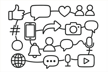 Fototapeta premium Social Media Icons. Hand-drawn doodle illustration connection social media like button, comment bubble, share arrow, smartphone,