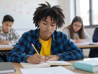 student diligently writing notes during classroom lesson