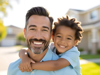 father carrying son on shoulders outside sunny home