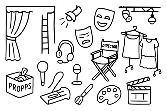 Theater Stage Elements. Hand-drawn doodle illustration behind-the-scenes theater stage, spotlight, script, mask, curtain, director