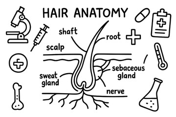 Obraz premium Hair Anatomy Doodles. Hand-drawn doodle illustration hair anatomy hair strand, hair follicle, scalp, sebaceous gland, sweat gland,