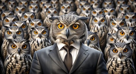 a man with an owl head surrounded by many owls