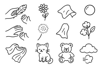 Fototapeta premium Gentle Touch Icons. Hand-drawn doodle illustration gentle touch hand, feather, flower, soft fabric, baby hand, pet paw, dandelion,