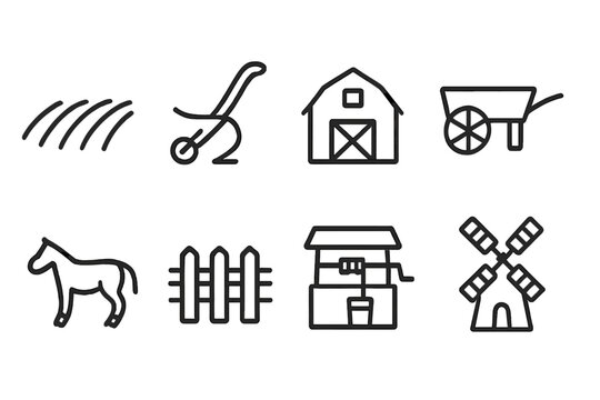 Rural Fief Icons. Outline icon set of rural fief elements: field, plow, barn, cart, horse, fence, well, windmill. Line icons in