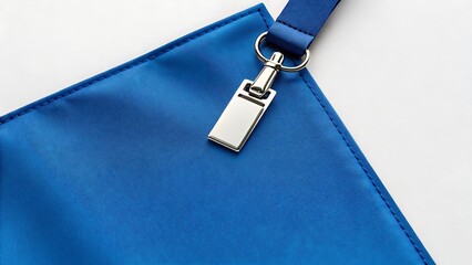 a blue fabric item with silver id tag attached securely