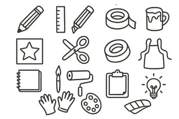 Art Supplies Doodle. Hand-drawn doodle illustration stencil making pencil, ruler, cutting knife, stencil sheet, scissors, masking