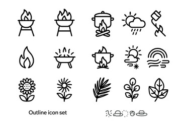 Fototapeta premium Outline Icon Grids. Outline icon set of cooking with fire: grill flame, barbecue, cooking fire, campfire cooking, open flame,
