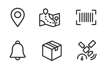 Tracking App Icons. Outline icon set of tracking app: GPS location pin, route map, delivery truck, barcode scanner, notification