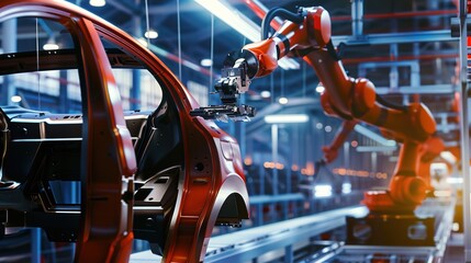 Advanced Automotive Manufacturing Robots at Work on a Modern Assembly Line, Precisely Welding, Bolting, and Assembling Car Components to Boost Efficiency, Ensure Quality, and Drive the Future of Autom