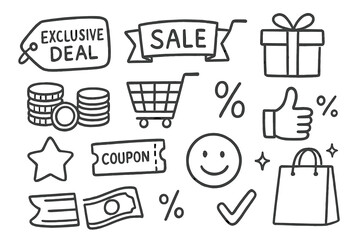 Shopping Sale Doodles. Hand-drawn doodle illustration exclusive deal price tag, sale banner, shopping cart, gift box, coins stack,