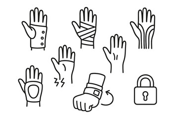 Wrist Support Icons. Hand-drawn doodle illustration wrist support wrist brace, compression wrap, kinesiology tape, padded guard,