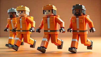 three toy figures in orange uniforms walking together