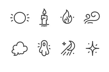 Fototapeta premium Ghostly Lights Icons. Outline icon set of ghostly lights and effects: glowing orb, floating candle, flickering flame, mist swirl,