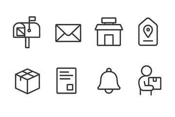 Mailing Address Icons. Outline icon set of mailing address: mailbox, letter, post office, address label, parcel box, shipping form