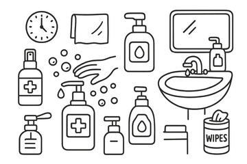Hygiene Essentials Doodle. Hand-drawn doodle illustration hand sanitizer dispenser sanitizer bottle, pump nozzle, hand, bubbles,
