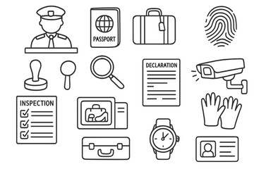 Customs Control Doodle. Hand-drawn doodle illustration Border customs control customs officer, passport, luggage, fingerprint