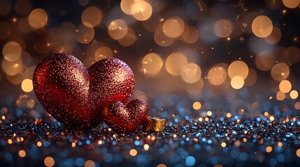 Romantic red hearts on glittery surface with bokeh background