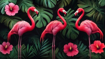 Pink flamingos in a tropical garden; birds love
