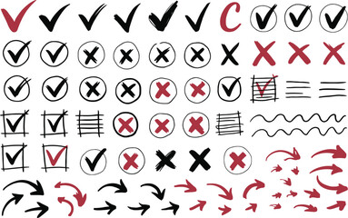 Assorted check marks crosses arrows and lines on white sheet