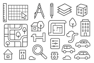Urban Map Doodle. Hand-drawn doodle illustration urban layout city map, grid, ruler, compass, pencil, blueprint, buildings, roads,