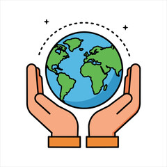 Stylized Earth Globe Held by Two Hands with Dotted Arc and Stars.