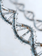 Liquid Code: Macro View of a Glistening Metallic DNA Helix with Water Droplets.