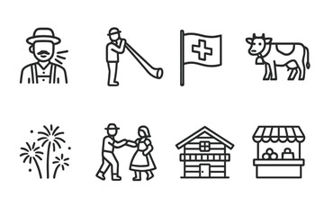 Swiss Festival Icons. Outline icon set of Swiss festivals: yodeling, Alphorn player, Swiss flag, cow parade, fireworks, folk dance