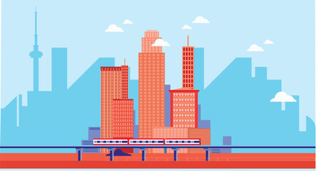 Stylized flat illustration of a cityscape featuring buildings, trees, garden bushes, and decorative elements, urban, modern, and vibrant design.