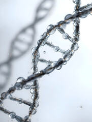 Macro Shot of a DNA Model with Water Droplets on a White Background.